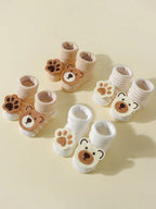4 Pairs Baby Cute Cartoon Bear Socks, Baby Non-Slip Soft Cotton Socks Ankle Socks for 0-12 Month Newborn Toddler Boys and Girls