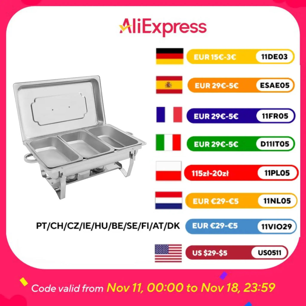 Chafing Dish Buffet Set 3 Grid Stainless Steel Rectangular