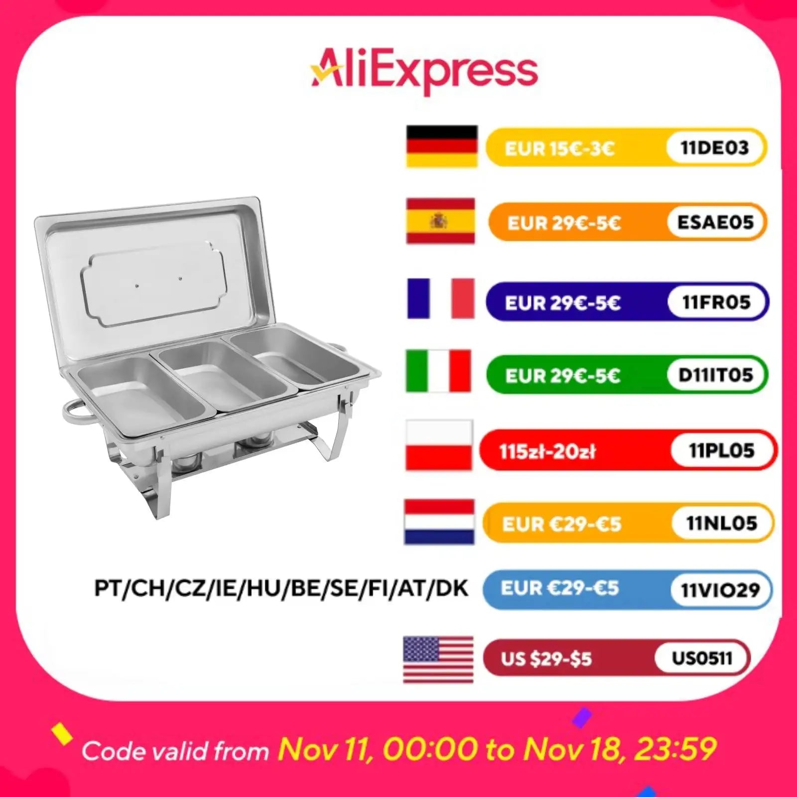 Chafing Dish Buffet Set 3 Grid Stainless Steel Rectangular