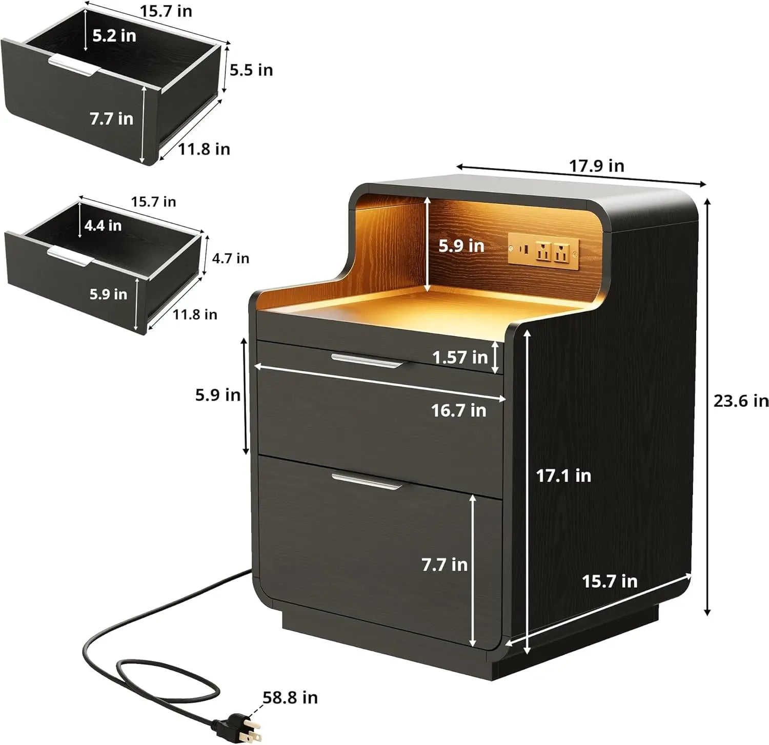 Nightstand Charging Station ,LED Lights, Pull-Out Shelf,