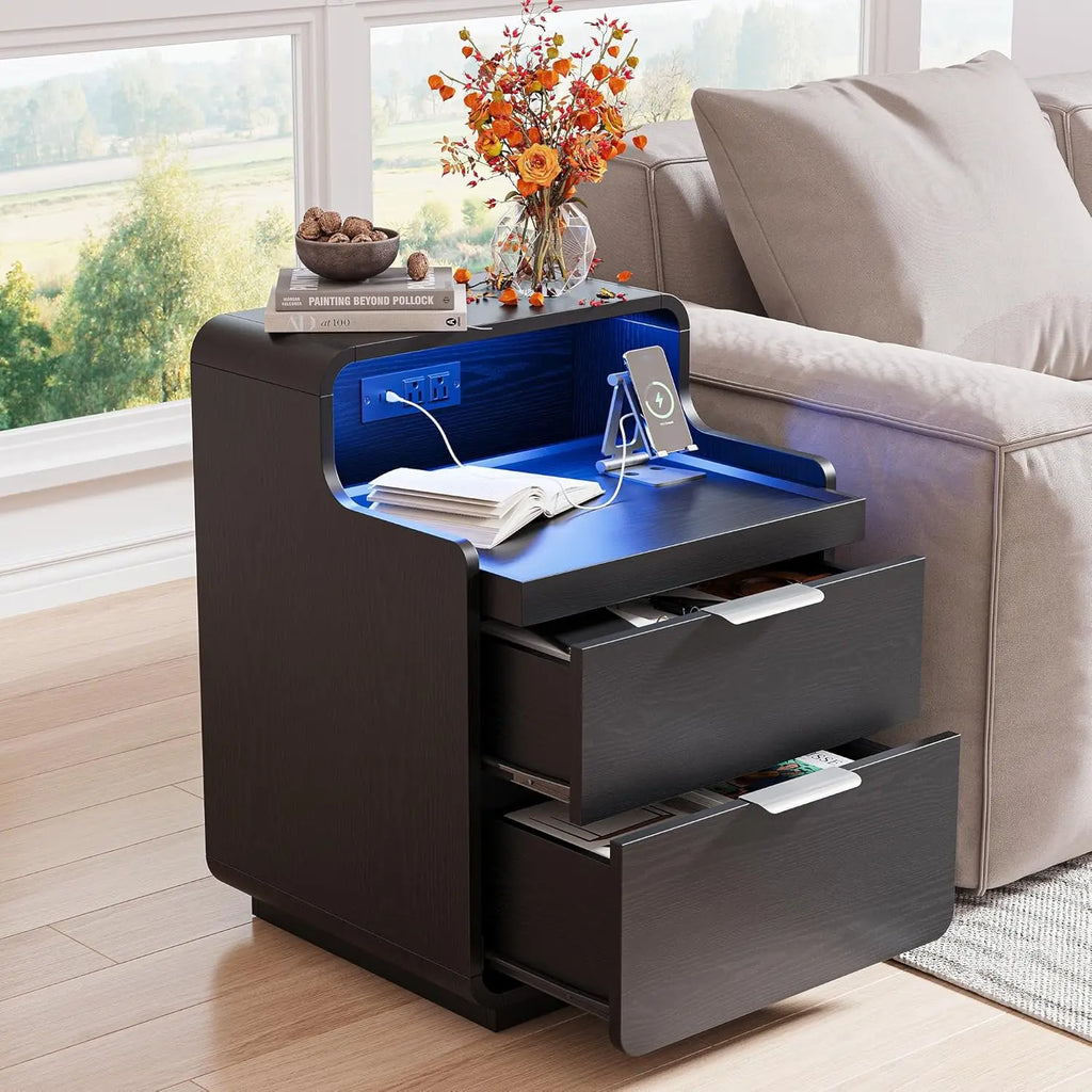 Nightstand Charging Station ,LED Lights, Pull-Out Shelf,