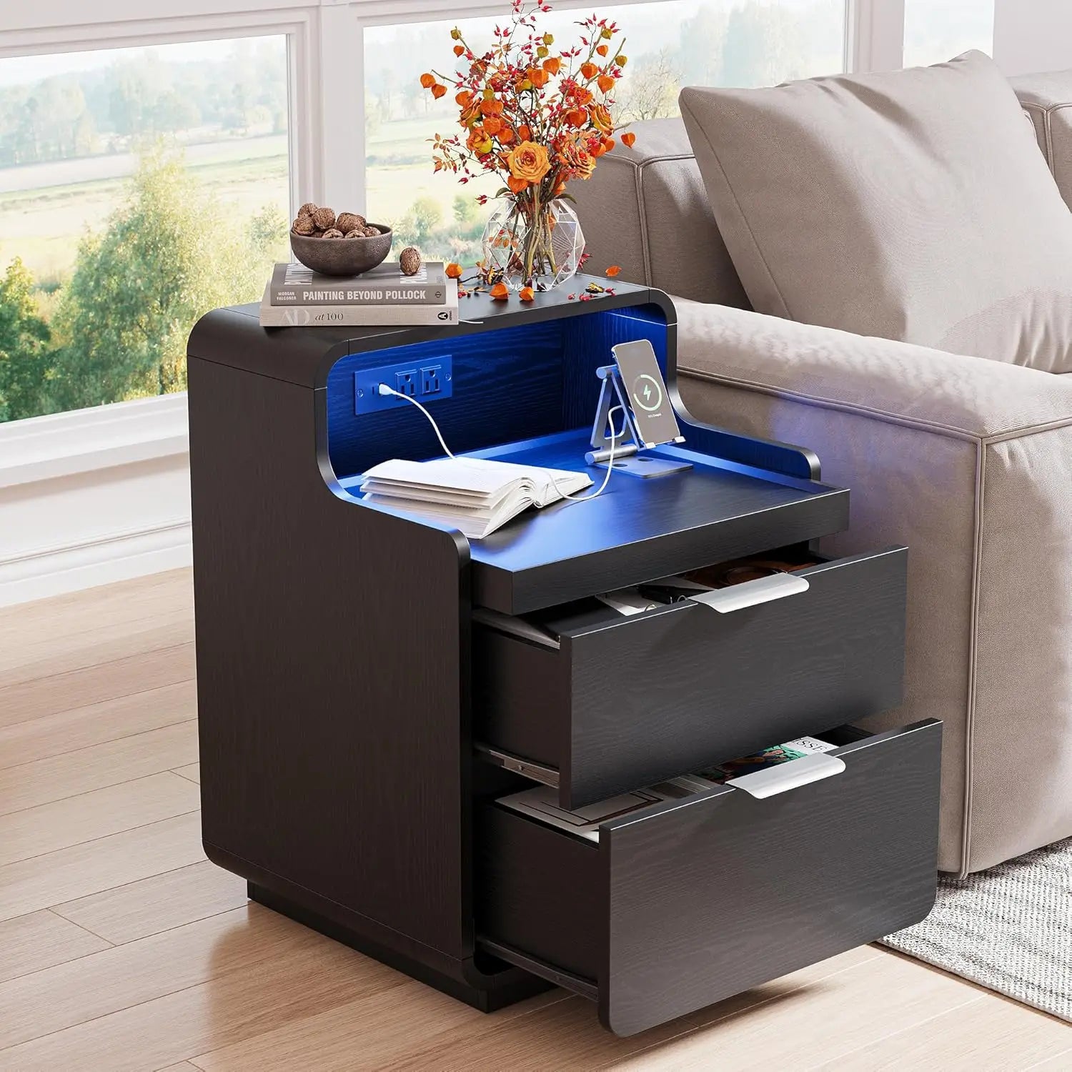 Nightstand Charging Station ,LED Lights, Pull-Out Shelf,