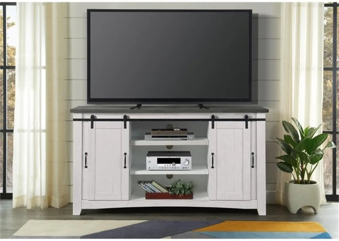 65" Rustic Solid Wood TV Stand, White With Storage