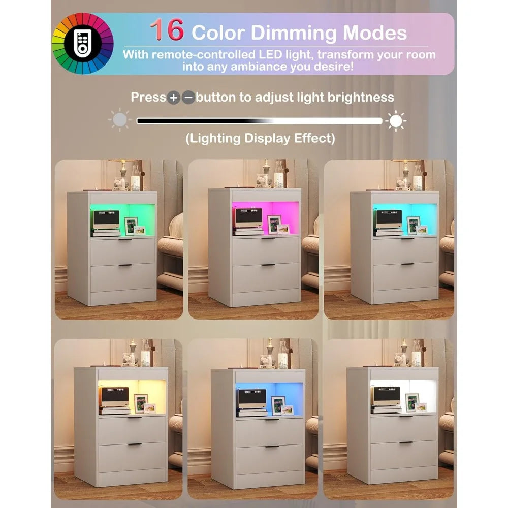 LED Nightstand With Charging Station 2 Shelves