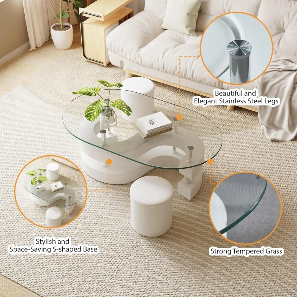 Glass Coffee Table Set of 3, 2 Leather Stools, Accent