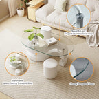 Glass Coffee Table Set of 3, 2 Leather Stools, Accent