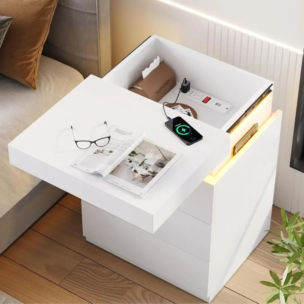 LED Nightstands Charging Station, Sliding bedside Table
