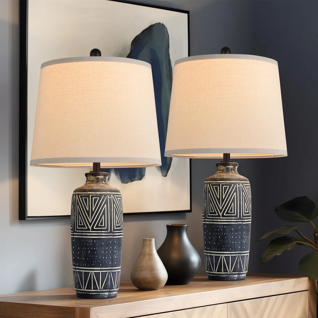 2 Pack 25-Inch Carved Geometric Ceramic Lamps
