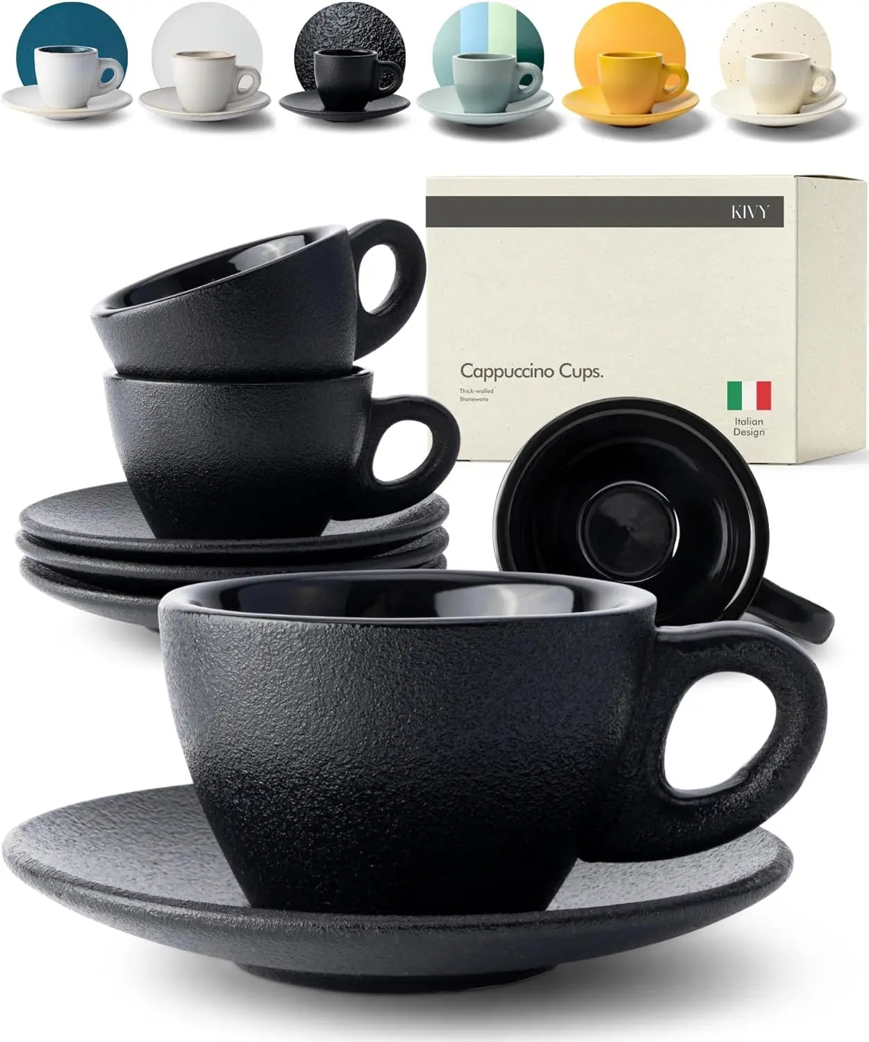 Cappuccino Cups Set of 4 [8oz]  Black Ceramic Mug and Saucer