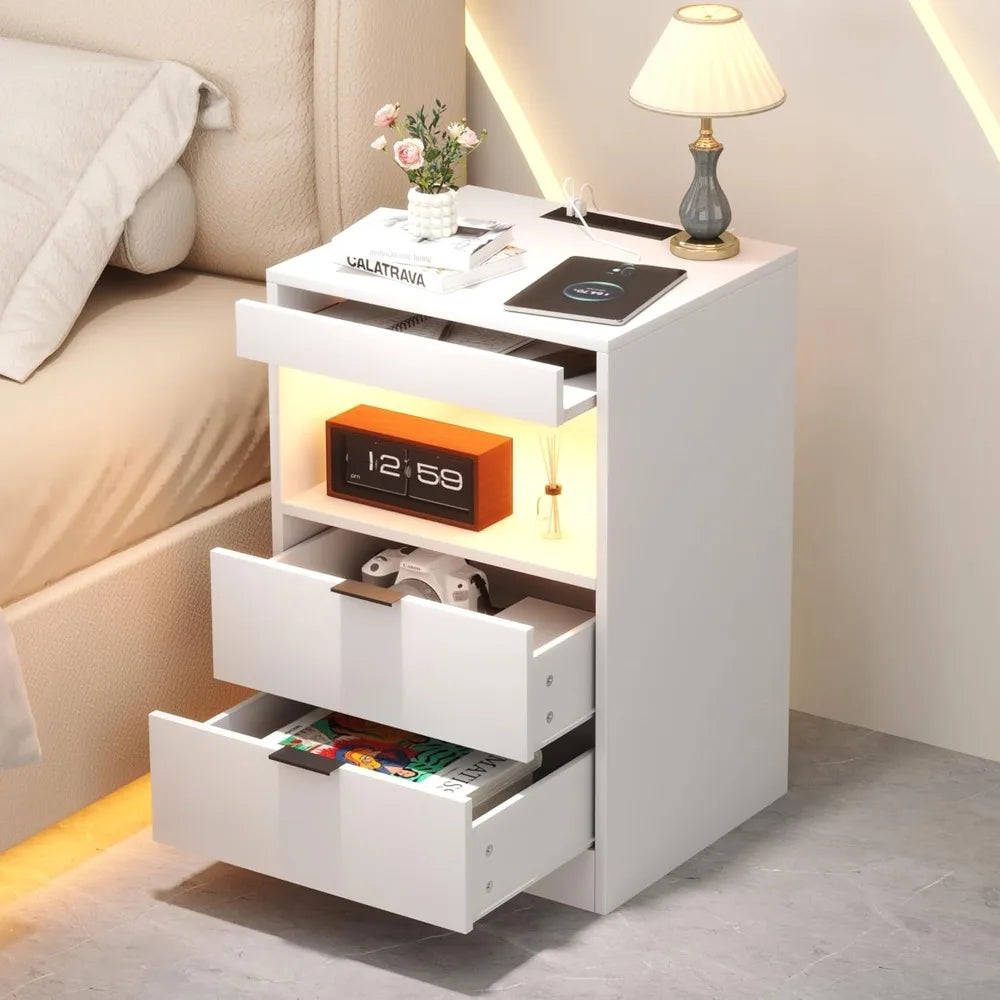 LED Nightstand With Charging Station 2 Shelves