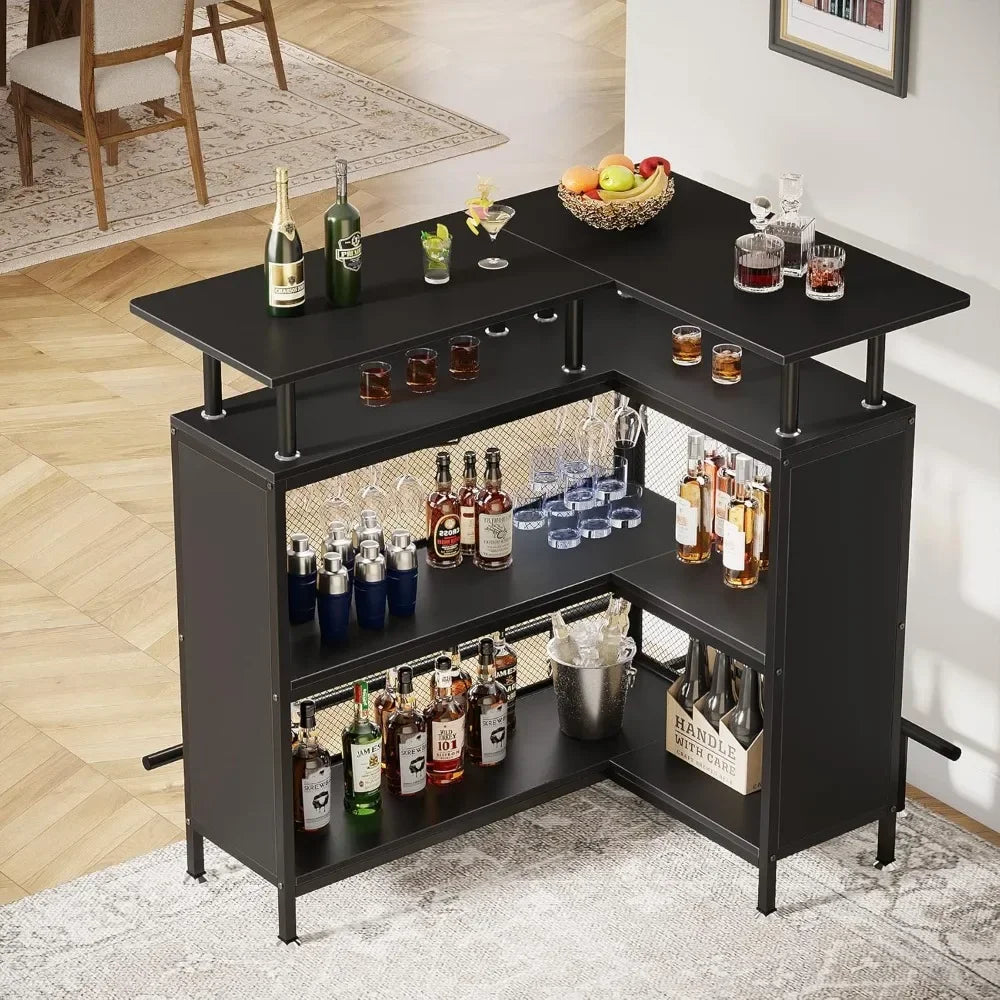 L-Shaped Bar Table With Stemware Racks, 2-Tier Shelves