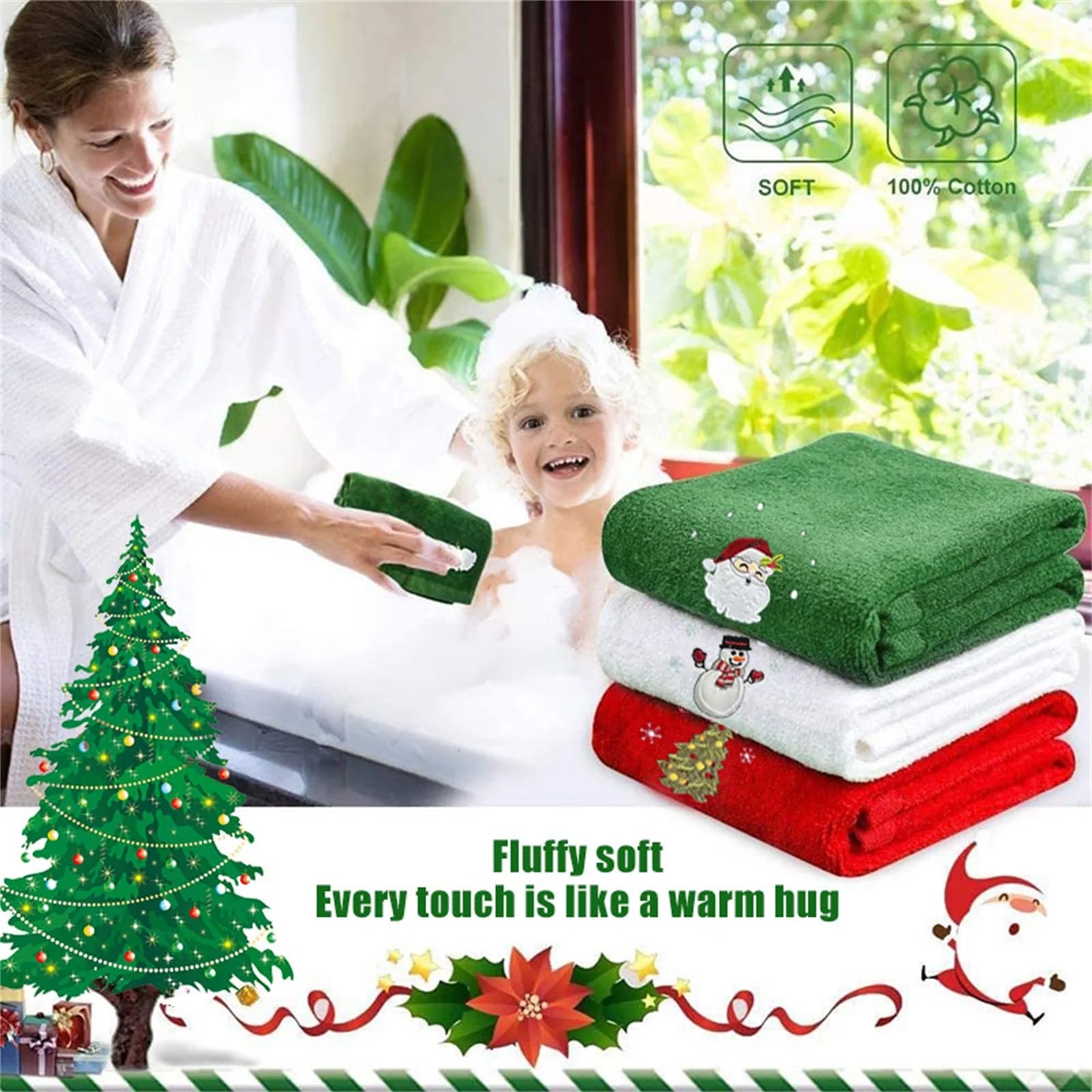 Xmas Tree/Snowman/Santa Claus Embroidery Bath Towel
