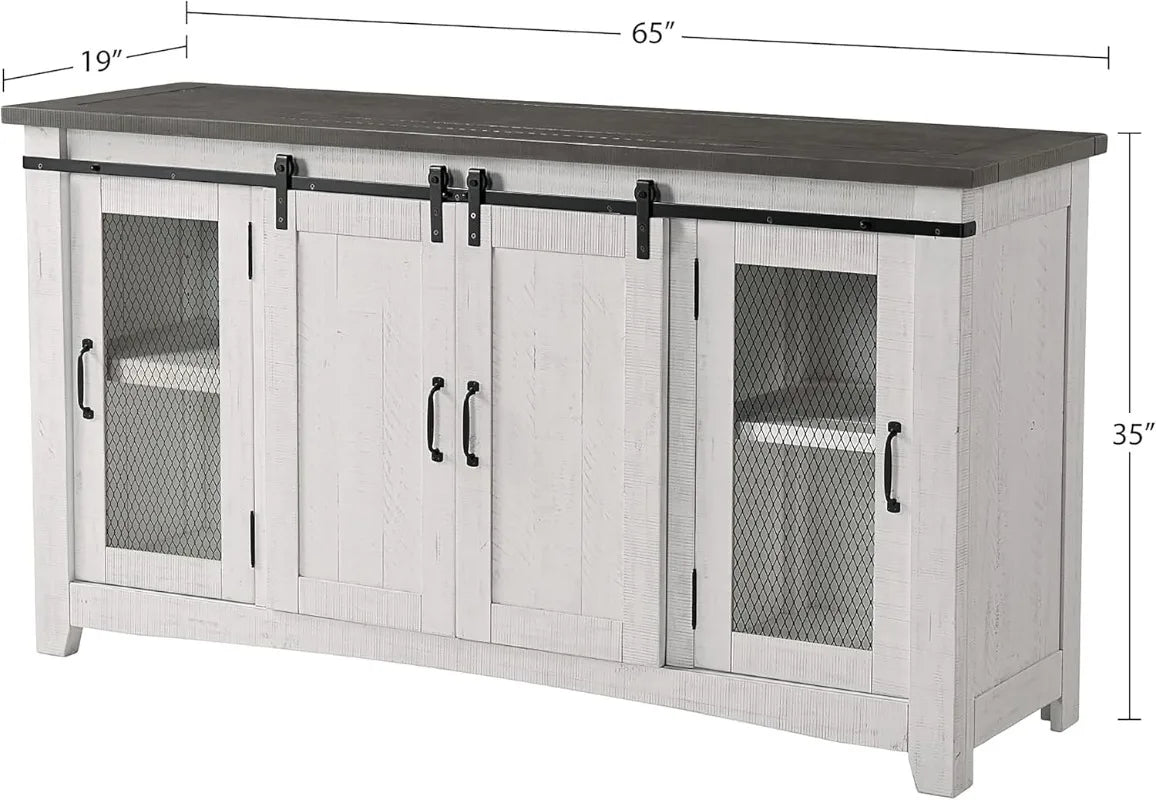 65" Rustic Solid Wood TV Stand, White With Storage