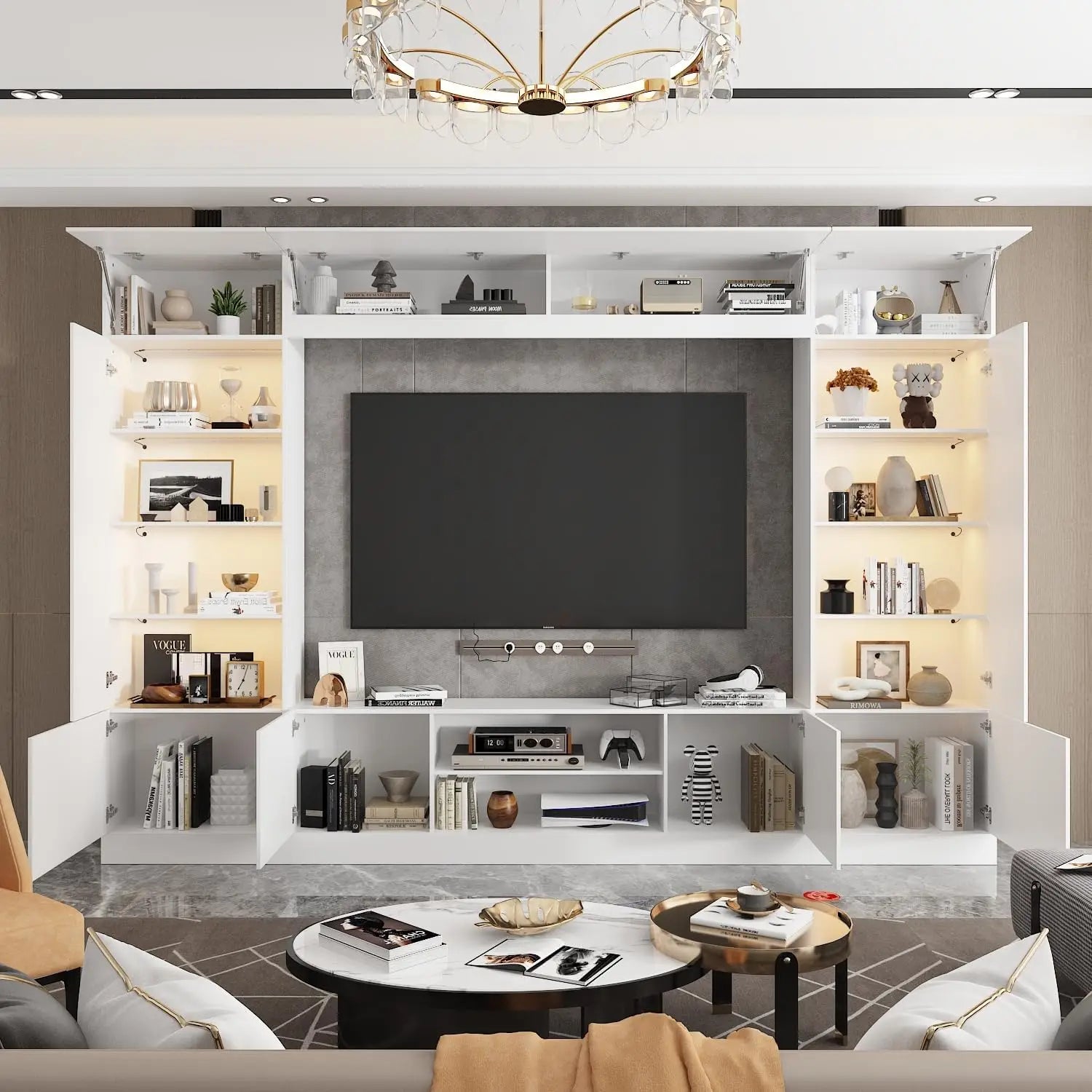 114" Large Entertainment Center, Bookshelves, Lights ,18 Shelves