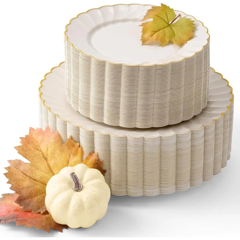 100-Pc Heavyweight Thanksgiving Plates - Ivory Scalloped Gold Trim