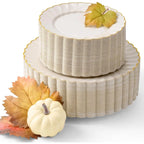100-Pc Heavyweight Thanksgiving Plates - Ivory Scalloped Gold Trim