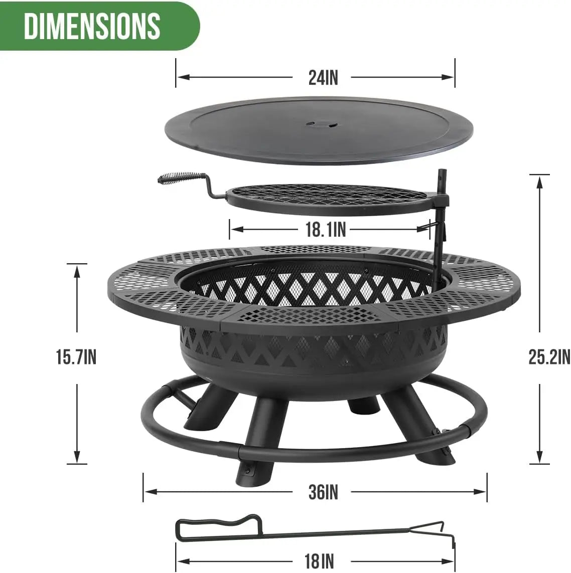 36 Inch Fire Pit With Grill, Lid & Poker