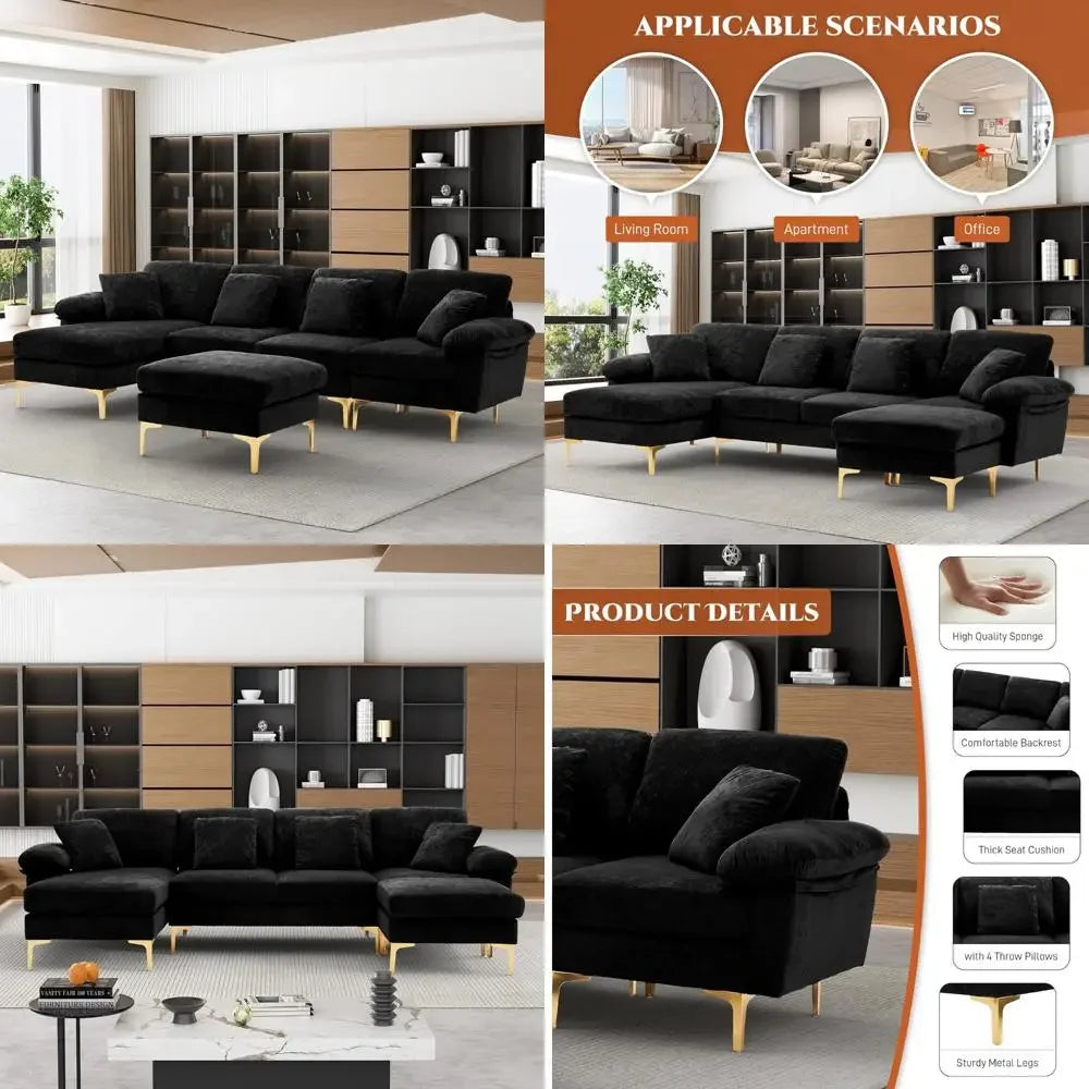"4-Seat U-Shaped Velvet Sofa With Convertible l-Shape And Chaise Lounge For Living Room"
