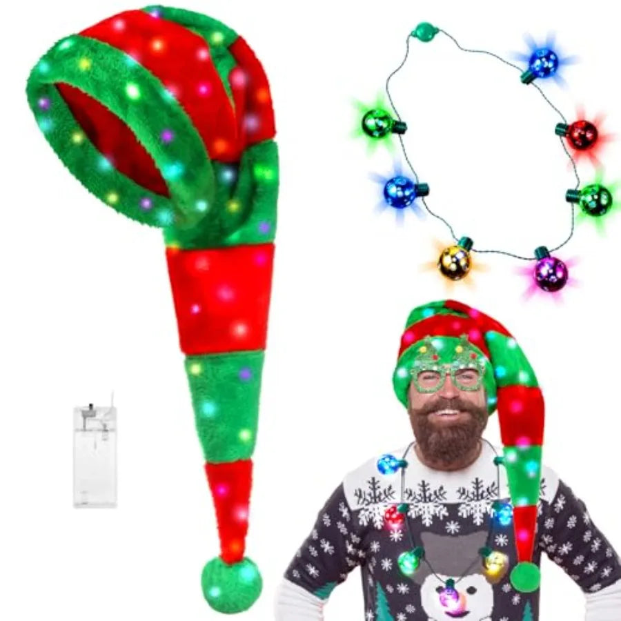 2 Pcs Light Up Christmas Hat Necklace Set With LED