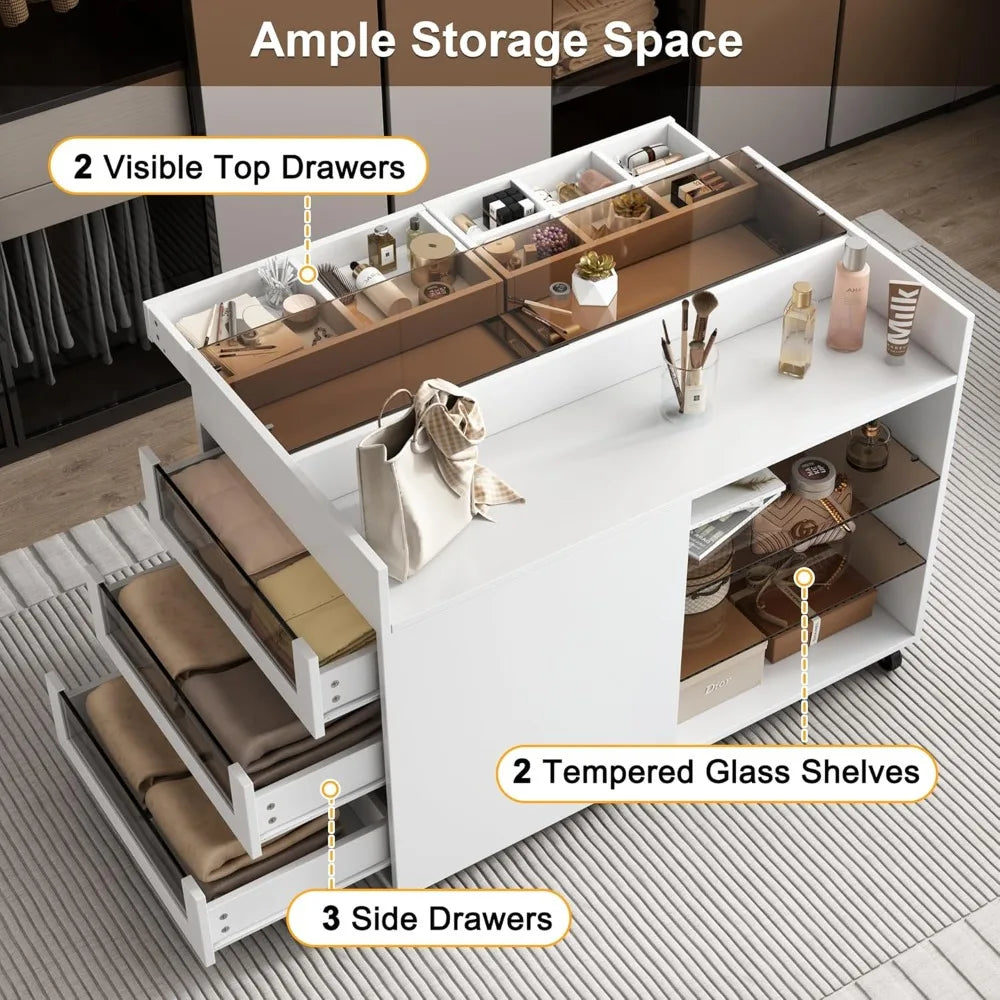 Glass Top 43.3" White wardrobe Armoire Island