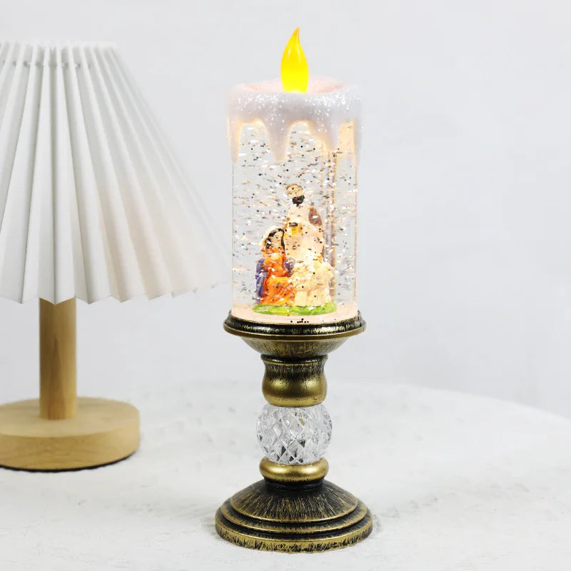 Christmas decorations: candles, crystal lights, cartoon snowflakes, birthday and Christmas gifts, scene setups